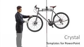  Presentation with bicycle - Presentation theme with man-in-a-uniform-repairing background and a white colored foreground