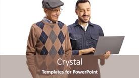  Presentation with computer - Beautiful presentation theme featuring man-in-a-unoform-showing backdrop and a violet colored foreground