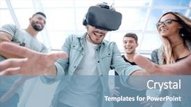  Presentation with virtual reality - Beautiful PPT layouts featuring man in a virtual reality backdrop and a teal colored foreground