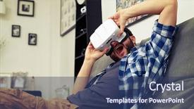  Presentation with virtual reality - Colorful PPT layouts enhanced with man in a white vr backdrop and a ocean colored foreground