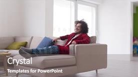  Presentation with television watching - Colorful theme enhanced with man in bathrobe enjoying free backdrop and a gray colored foreground