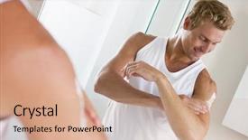  Presentation with gold man smile - PPT theme enhanced with man in bathroom applying lotion background and a coral colored foreground