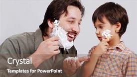  Presentation with shaving - PPT layouts having man in bathroom putting shaving cream on young boy's face background and a violet colored foreground