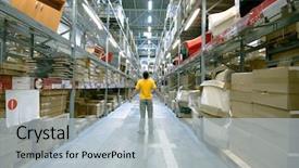  Presentation with photo of armed men - Theme enhanced with man in big storehouse photo background and a  colored foreground