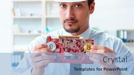  Presentation with mining - Cool new slide deck with man in bitcoin mining business concept backdrop and a light blue colored foreground