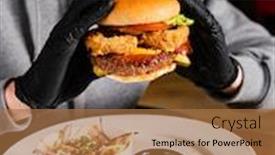  Presentation with burger - Audience pleasing presentation theme consisting of man-in-black-gloves-eating backdrop and a coral colored foreground
