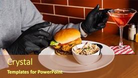  Presentation with burger - PPT theme consisting of man-in-black-gloves-eating background and a red colored foreground