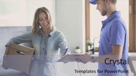  Presentation with express delivery service by motorcycle - Slide set having man in blue uniform delivering background and a light blue colored foreground