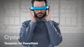  Presentation with virtual hand - Amazing presentation design having brick wall 3d black - man in blue virtual reality backdrop and a ocean colored foreground