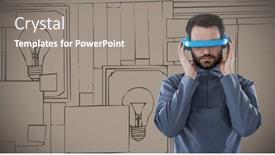  Presentation with virtual hand - Cool new theme with man in blue virtual reality headset against brown hand drawn wall with pictures backdrop and a gray colored foreground