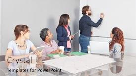  Presentation with business man climbs up to the top of 3d success stairs steps - Presentation design consisting of man-in-business-meeting-writes background and a soft green colored foreground