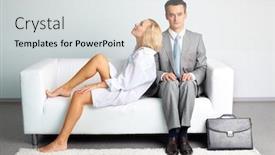 Presentation with uncomfortable - Slide deck featuring man in business suit feeling uncomfortable setting next to a pretty lady wearing just a shirt background and a light gray colored foreground