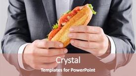  Presentation with lunch - Audience pleasing PPT theme consisting of man in business suit holding a take away lunch sandwich baguette hands only backdrop and a coral colored foreground