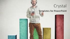  Presentation with height - Beautiful PPT theme featuring man in casual clothes and headphones is showing a thumb up gesture with big square colorful columns of different height standing behind him on white background with vignette backdrop and a light gray colored foreground