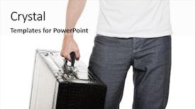  Presentation with luggage - PPT layouts consisting of man in casual clothing hand holding large travel luggage suitcase white isolated background and a white colored foreground