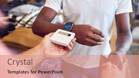  Presentation with contactless - Colorful presentation enhanced with man-in-clothing-store-making backdrop and a coral colored foreground