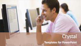  Presentation with computer room - PPT theme with man in computer room using cellular phone and smiling background and a coral colored foreground