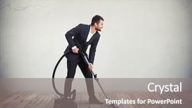  Presentation with cleaning business - Cool new slides with man in dark grey business suit is cleaning the wooden floor with vacuum cleaner backdrop and a gray colored foreground
