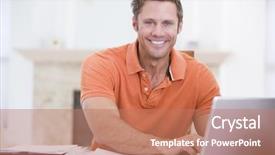 Presentation with dining - Cool new PPT theme with man in dining room with laptop writing and smiling backdrop and a coral colored foreground