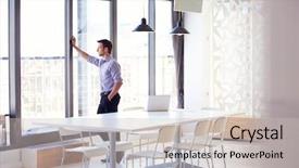  Presentation with board meeting room chairs - Slides consisting of man in empty meeting room background and a soft green colored foreground