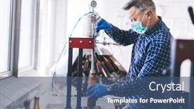  Presentation with industrial machine - Presentation theme having man-in-face-mask-working background and a ocean colored foreground