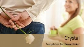  Presentation with focus - Audience pleasing theme consisting of man in focus hiding rose behind back woman in background with teacup in hand looking up at man backdrop and a coral colored foreground