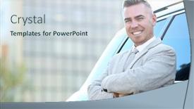  Presentation with formal - PPT theme consisting of man in formal wear standing near car on city street background and a sky blue colored foreground