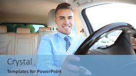  Presentation with car seat - Slide deck featuring man in formal wear on driver's seat of car background and a light blue colored foreground