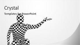  Presentation with product - PPT theme enhanced with man in full body suit presenting your product over white background background and a white colored foreground