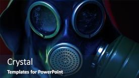  Presentation with gas - Slide set having man-in-gas-mask background and a navy blue colored foreground