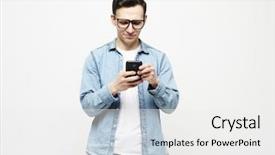  Presentation with tehnology - Amazing PPT theme having man in glasses typing sms backdrop and a white colored foreground