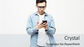  Presentation with tehnology - Colorful slide set enhanced with man in glasses typing sms backdrop and a light blue colored foreground