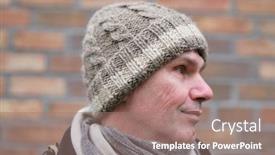  Presentation with knitted knitting needle - Amazing PPT theme having man-in-handmade-knitted-winter backdrop and a coral colored foreground