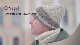  Presentation with knitted knitting needle - Amazing PPT layouts having man-in-handmade-knitted-winter backdrop and a light gray colored foreground