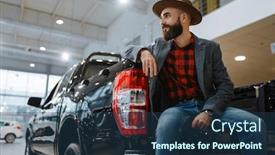  Presentation with truck - Colorful presentation theme enhanced with man-in-hat-poses backdrop and a ocean colored foreground