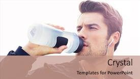  Presentation with drinking water - Amazing PPT theme having man in headphones drinking water backdrop and a coral colored foreground