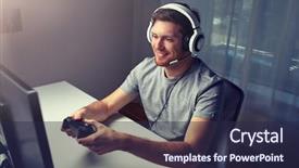  Presentation with video game 3d play games - Amazing slides having man in headset with controller backdrop and a wine colored foreground