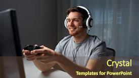  Presentation with video game 3d play games - PPT layouts with man in headset with controller background and a  colored foreground