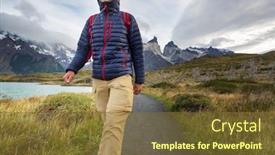  Presentation with volcanoes - Amazing slide set having man-in-hike-in-volcanoes backdrop and a tawny brown colored foreground
