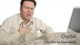 Presentation with chest pain - Presentation theme having man in his forties experiencing chest pain while working in his office isolated on white background and a mint green colored foreground