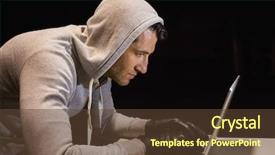  Presentation with hacking - Slides consisting of man in hood jacket hacking a laptop on black background background and a tawny brown colored foreground