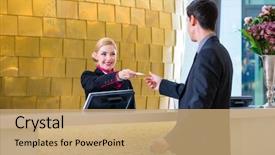  Presentation with front office hotel - Slides having man in hotel check background and a coral colored foreground