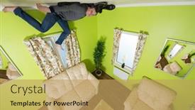  Presentation with socks - Colorful PPT theme enhanced with man in jeans lying on the ceiling under the sofa without shoes and socks backdrop and a yellow colored foreground