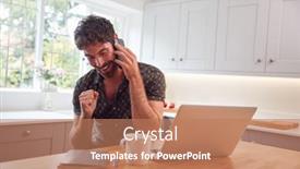  Presentation with mobile health - Presentation design with man-in-kitchen-with-mobile background and a coral colored foreground