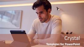  Presentation with using digital tablet - Amazing slide set having man-in-kitchen-working backdrop and a coral colored foreground