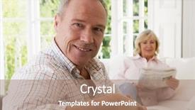  Presentation with living room - Presentation theme with man in living room smiling with woman in background reading newspaper background and a coral colored foreground