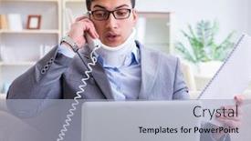  Presentation with cervical - Colorful presentation design enhanced with man-in-neck-brace-cervical backdrop and a light blue colored foreground