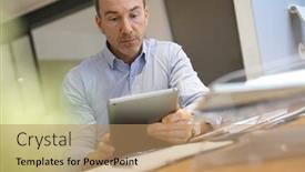 Presentation with using digital tablet - PPT theme having man-in-office-using-digital background and a coral colored foreground