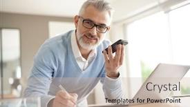  Presentation with computer - PPT layouts enhanced with man-in-office-working background and a soft green colored foreground