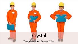  Presentation with orange green white - Colorful slide set enhanced with man in orange coveralls isolated backdrop and a lemonade colored foreground